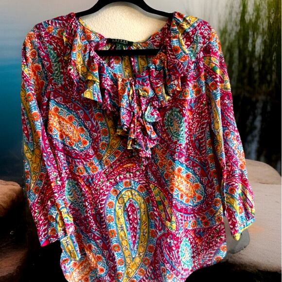 VTG Ralph Lauren Peasant Blouse ruffle collar Womens S paisley Boho y2k 90s - Picture 1 of 10